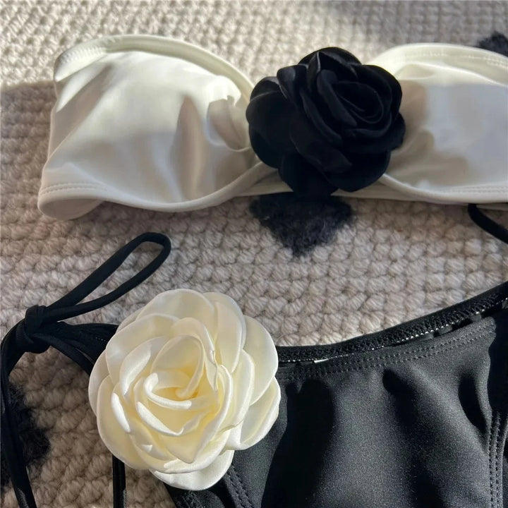 Sexy Flower Bandeau Bikini – Lace-Up Thong Swimwear