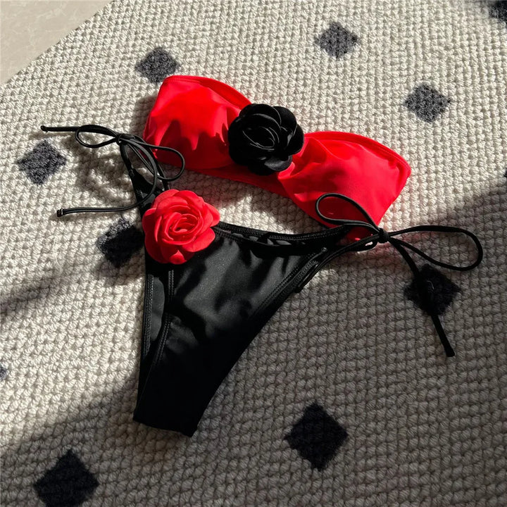 Sexy Flower Bandeau Bikini – Lace-Up Thong Swimwear