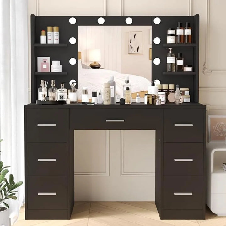 Vanity Desk with 10 LED Lights – Modern Makeup Table with 7 Drawers & Storage Shelves