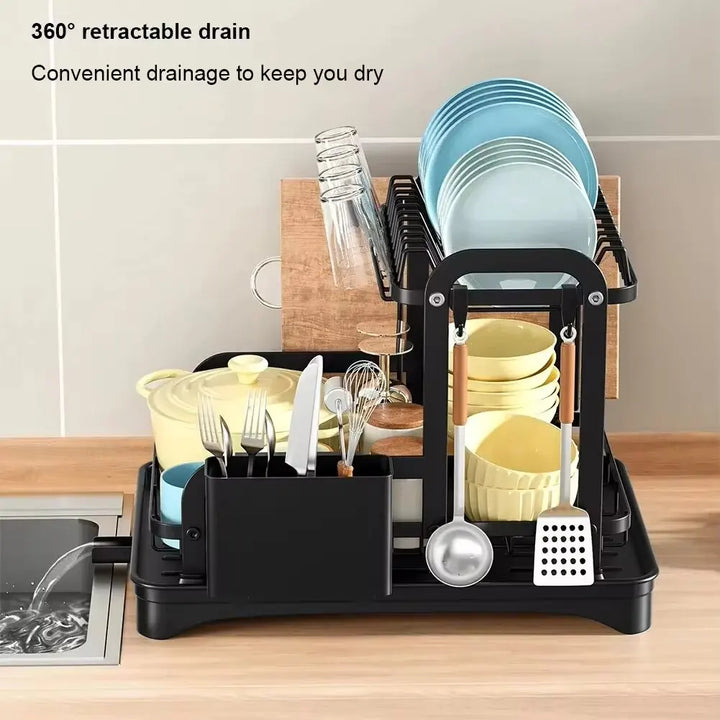 2-Tier Dish Drainer Rack – Kitchen Dish Drying Organizer with Drain Basket & Drainboard