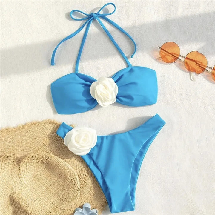 Sexy Flower Bandeau Bikini – Lace-Up Thong Swimwear