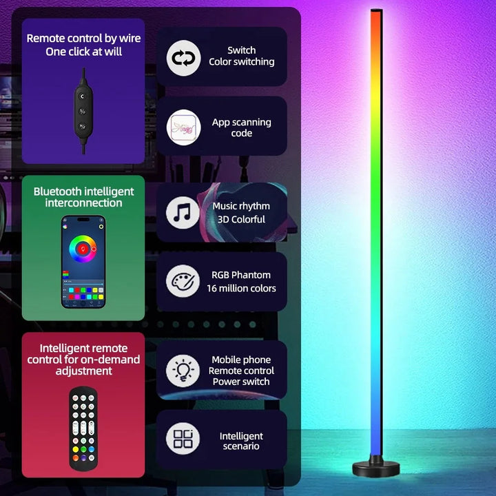 Smart RGB LED Floor Lamp – Music Sync, App & Remote Control, Modern Mood Lighting for Bedroom & Living Room