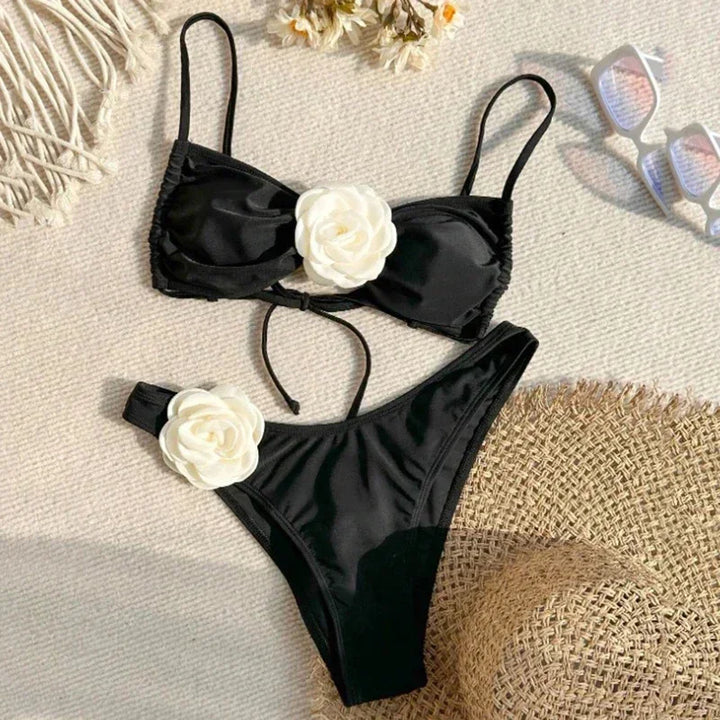 Sexy Flower Bandeau Bikini – Lace-Up Thong Swimwear