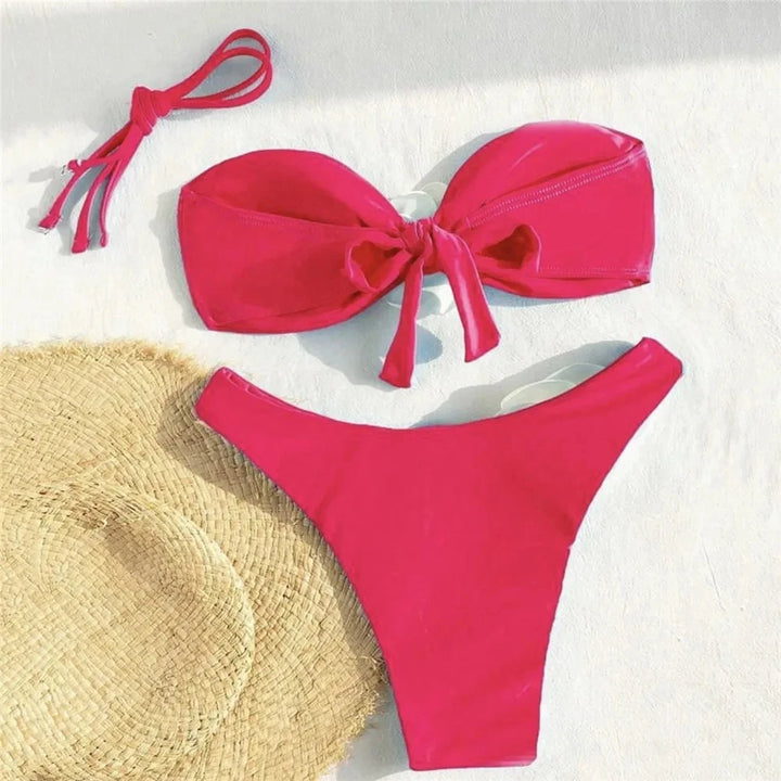 Sexy Flower Bandeau Bikini – Lace-Up Thong Swimwear