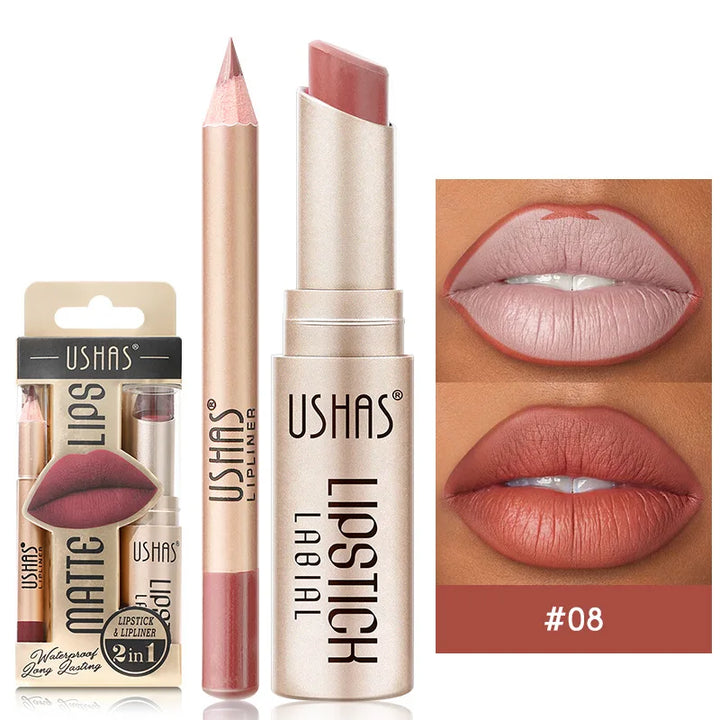 Lip Liner & Matte Lipstick Set - Long-Lasting Nude & Red Shades