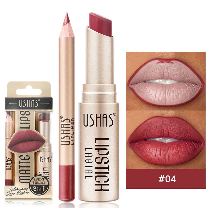 Lip Liner & Matte Lipstick Set - Long-Lasting Nude & Red Shades