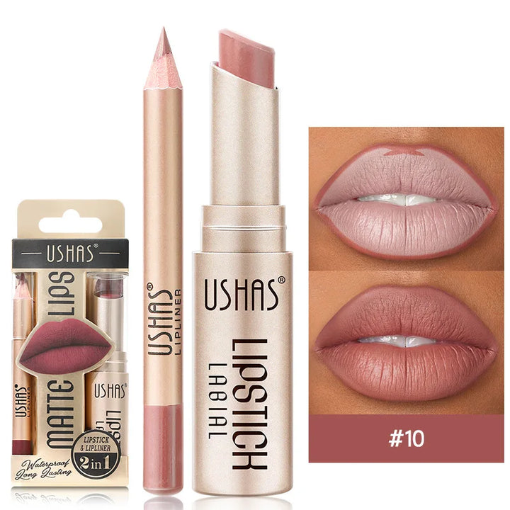 Lip Liner & Matte Lipstick Set - Long-Lasting Nude & Red Shades