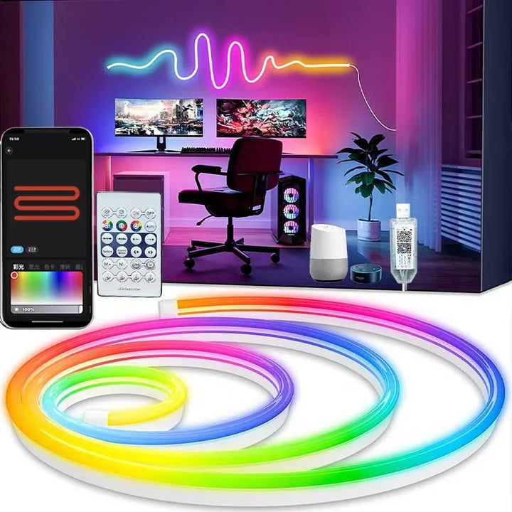 USB RGBIC Neon LED Strip with Bluetooth & Remote – Flexible DIY Lighting (1m-5m)