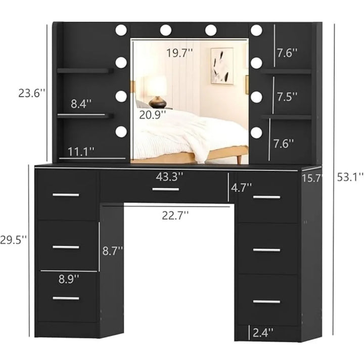 Vanity Desk with 10 LED Lights – Modern Makeup Table with 7 Drawers & Storage Shelves