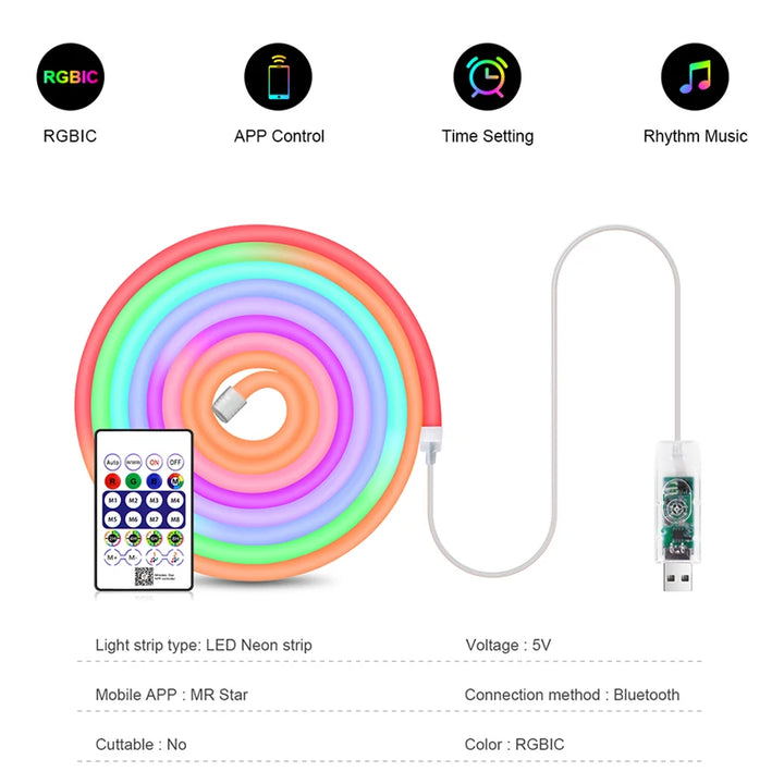 USB RGBIC Neon LED Strip with Bluetooth & Remote – Flexible DIY Lighting (1m-5m)