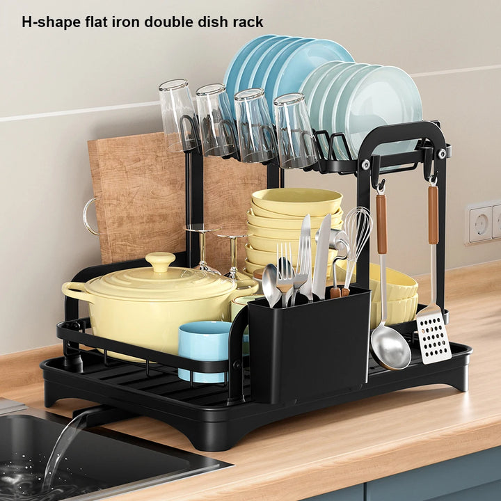 2-Tier Dish Drainer Rack – Kitchen Dish Drying Organizer with Drain Basket & Drainboard