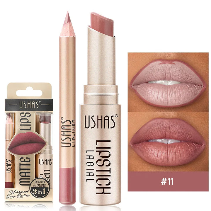 Lip Liner & Matte Lipstick Set - Long-Lasting Nude & Red Shades