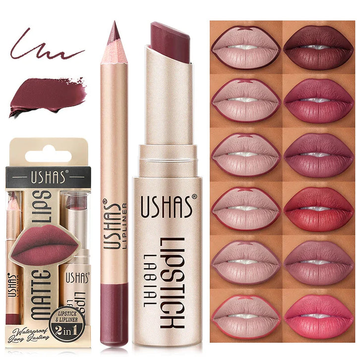 Lip Liner & Matte Lipstick Set - Long-Lasting Nude & Red Shades