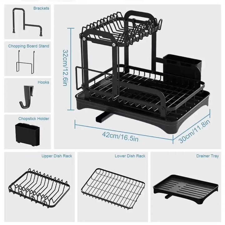 2-Tier Dish Drainer Rack – Kitchen Dish Drying Organizer with Drain Basket & Drainboard