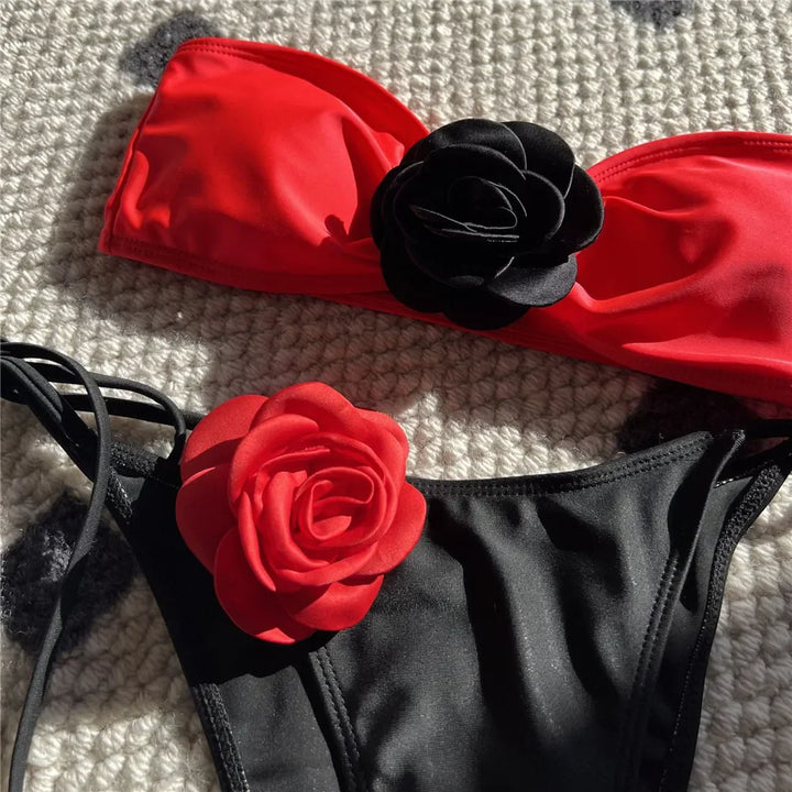 Sexy Flower Bandeau Bikini – Lace-Up Thong Swimwear