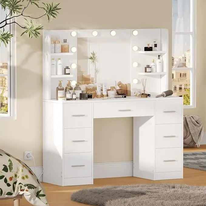 Vanity Desk with 10 LED Lights – Modern Makeup Table with 7 Drawers & Storage Shelves