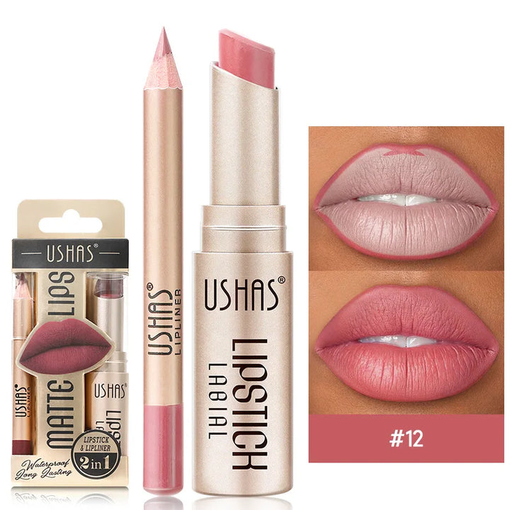 Lip Liner & Matte Lipstick Set - Long-Lasting Nude & Red Shades