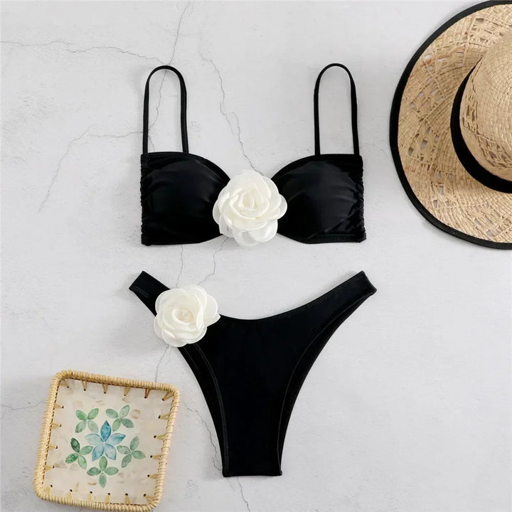 Sexy Flower Bandeau Bikini – Lace-Up Thong Swimwear