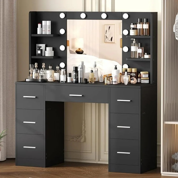 Vanity Desk with 10 LED Lights – Modern Makeup Table with 7 Drawers & Storage Shelves