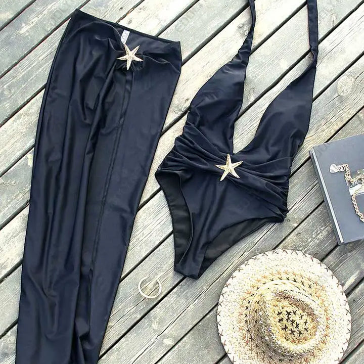 Elegant Halter Bikini Set - 2-Piece Swimsuit with High-Slit Skirt