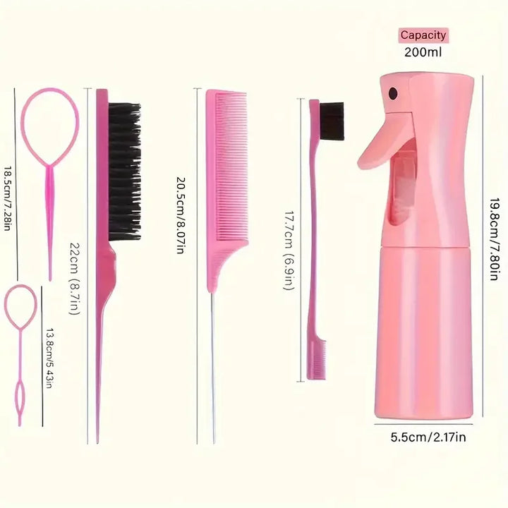 6-Piece Hair Styling Tool Set – Comb, Brushes, Spray Bottle & Braiding Accessories