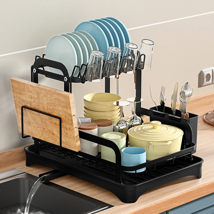 2-Tier Dish Drainer Rack – Kitchen Dish Drying Organizer with Drain Basket & Drainboard