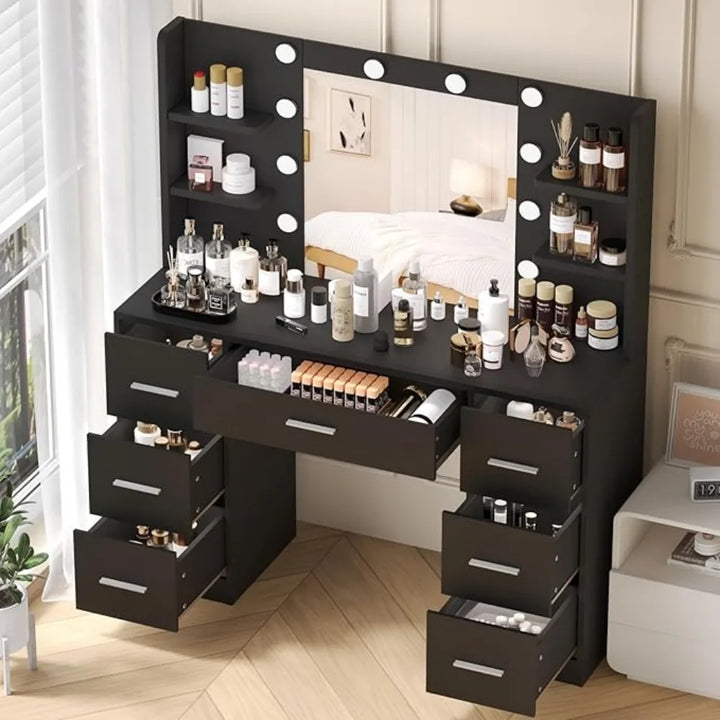 Vanity Desk with 10 LED Lights – Modern Makeup Table with 7 Drawers & Storage Shelves