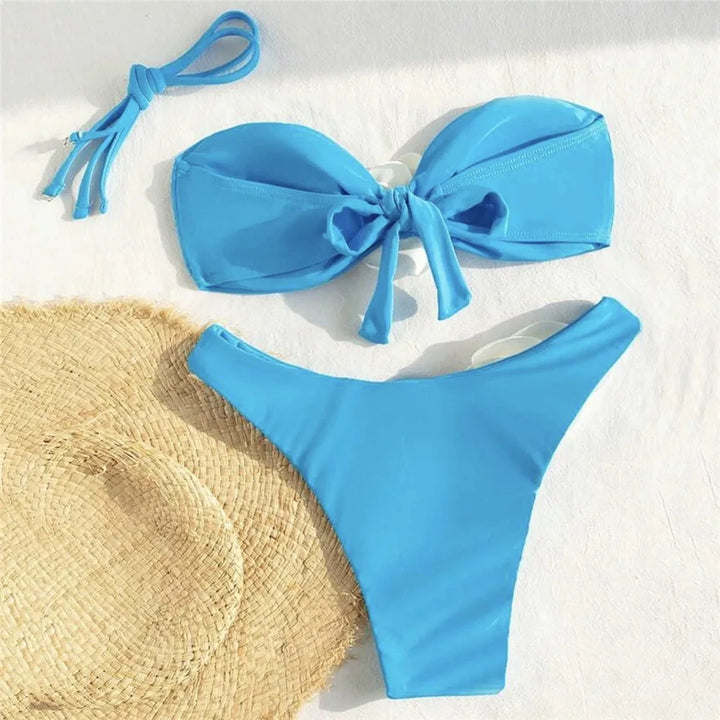 Sexy Flower Bandeau Bikini – Lace-Up Thong Swimwear