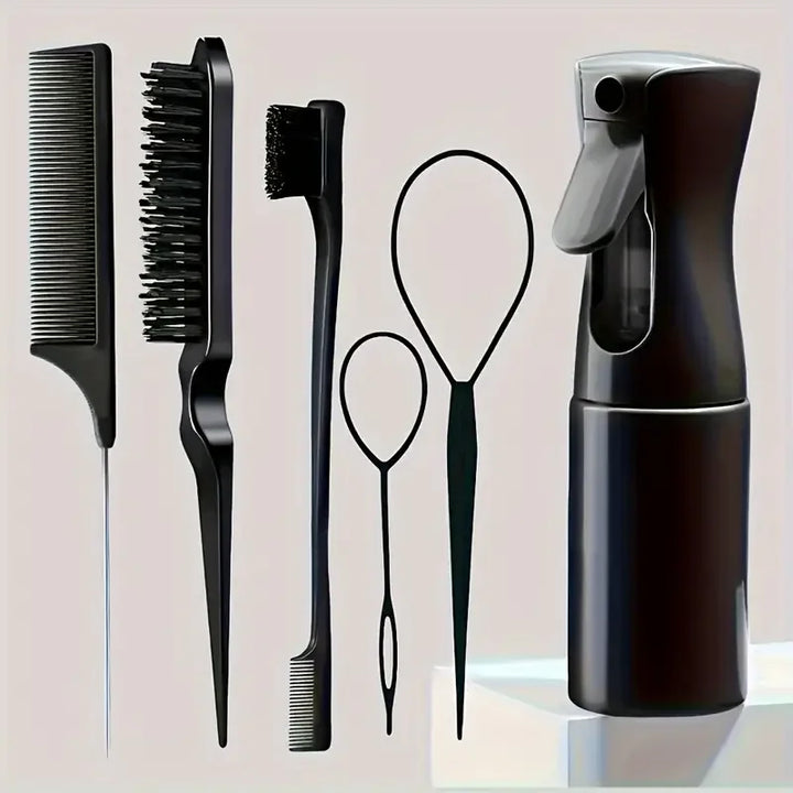 6-Piece Hair Styling Tool Set – Comb, Brushes, Spray Bottle & Braiding Accessories