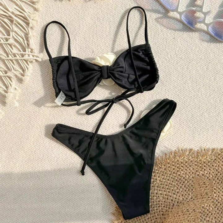 Sexy Flower Bandeau Bikini – Lace-Up Thong Swimwear