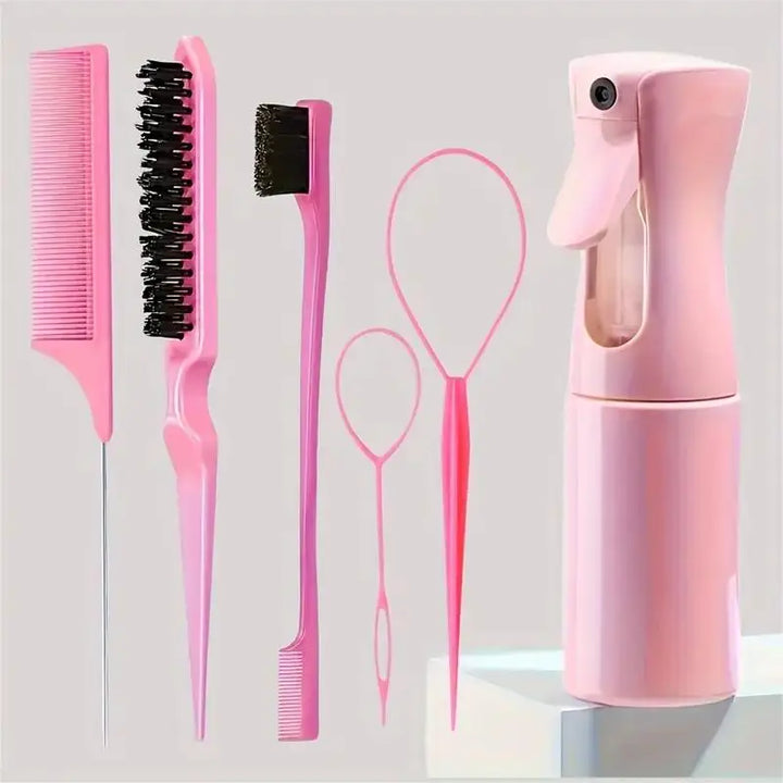 6-Piece Hair Styling Tool Set – Comb, Brushes, Spray Bottle & Braiding Accessories