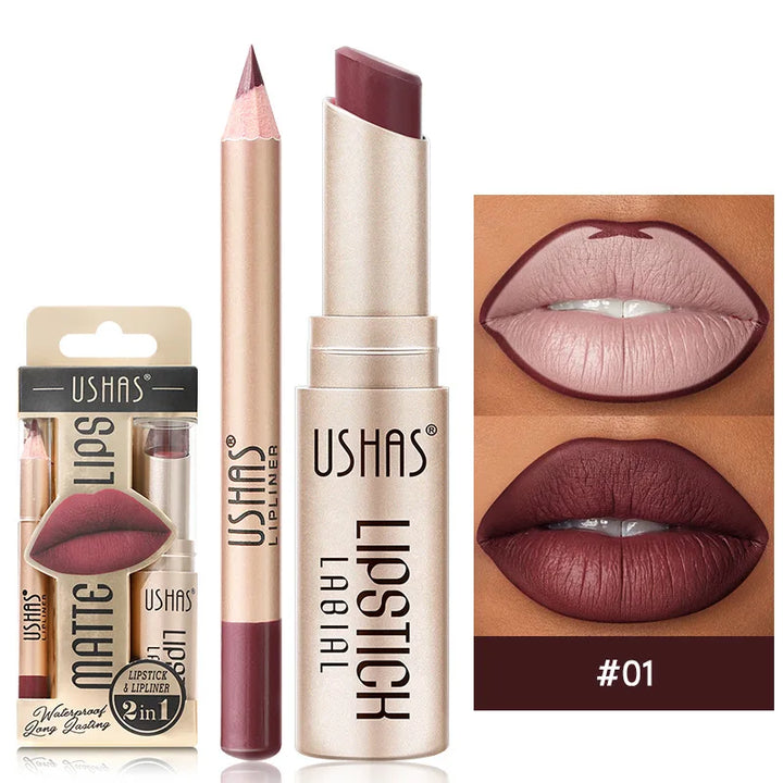 Lip Liner & Matte Lipstick Set - Long-Lasting Nude & Red Shades