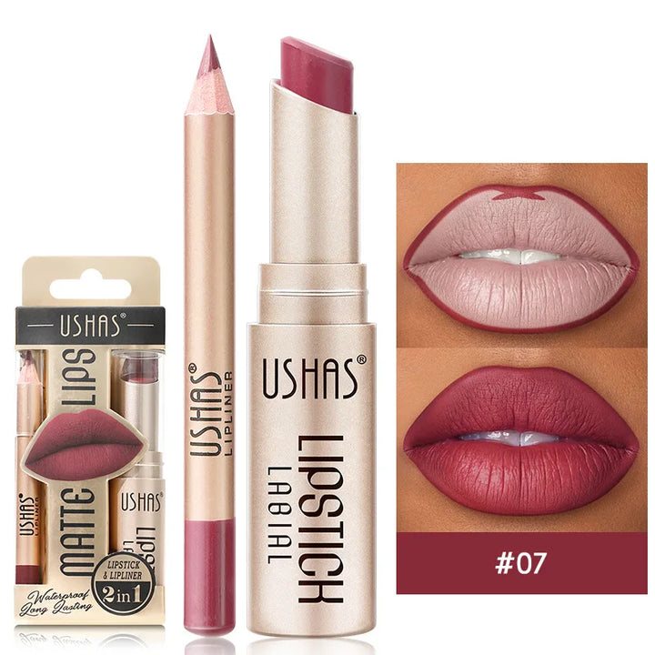 Lip Liner & Matte Lipstick Set - Long-Lasting Nude & Red Shades